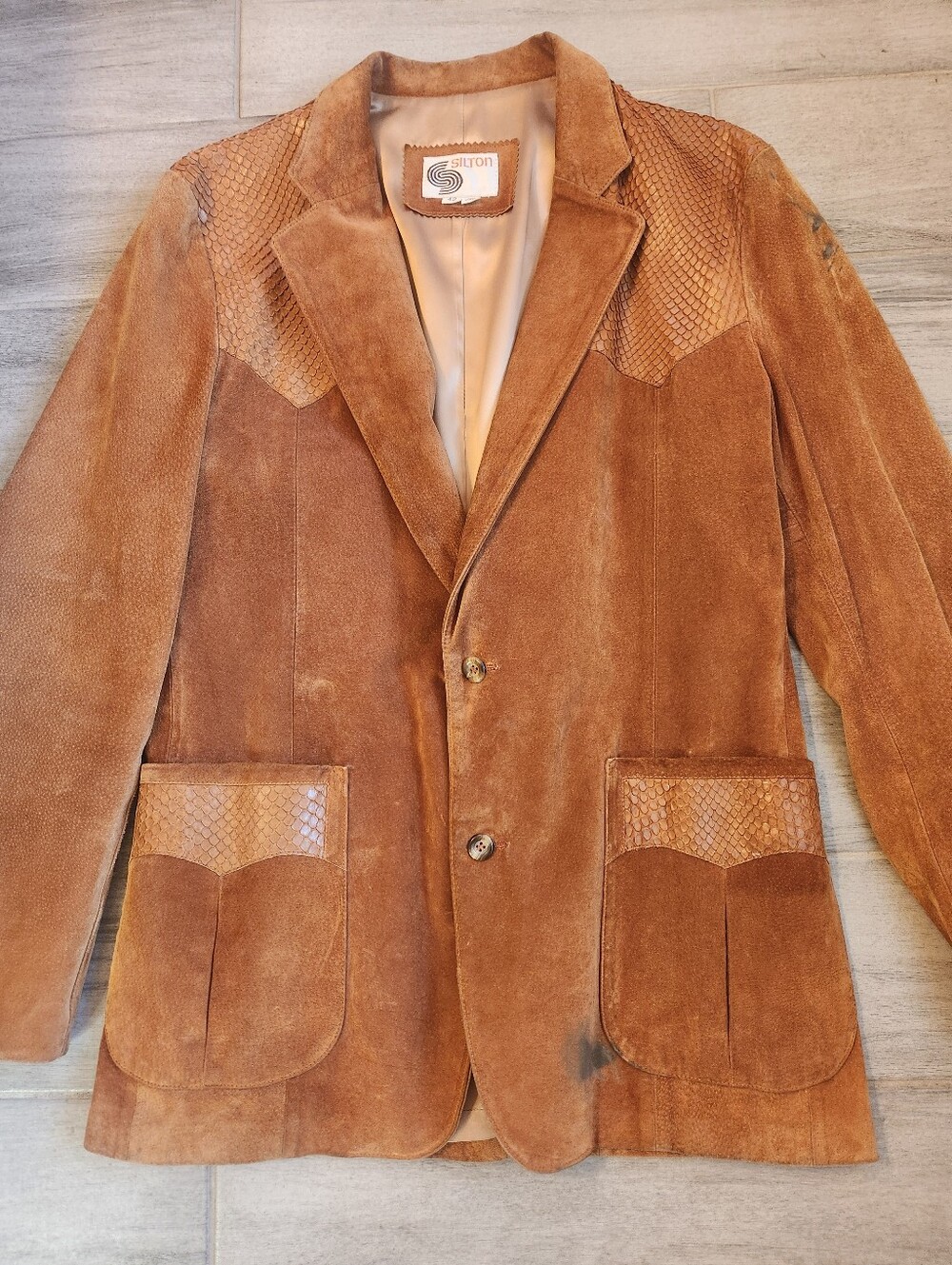 Vintage 70s Silton Blazer Men's 42Long Cognac Brown Suede Snake Embossed Western - Picture 3 of 16